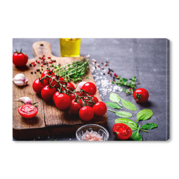 Obraz na płótnie Oliwa z oliwek, pomidory i przyprawy
