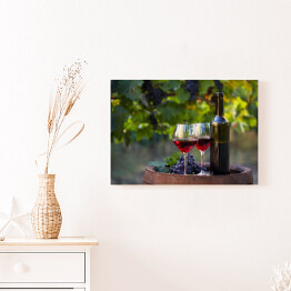 Obraz na płótnie Dwa kieliszki czerwonego wina i butelki w winnicy