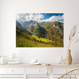 Plakat samoprzylepny Widok na góry z roślinnością na pierwszym planie, Alpy, Szwajcaria