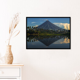 Plakat w ramie Wulkan Mayon, Filipiny, z palmami i jeziorem u podnóża