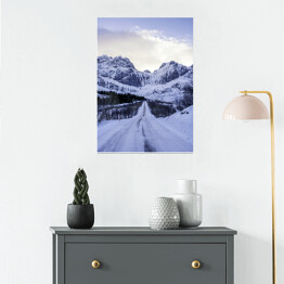 Plakat Lofoty, ośnieżona droga, Norwegia