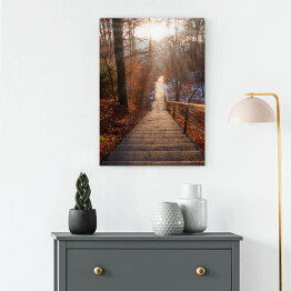 Obraz na płótnie Opuszczone schody w lesie jesienią o zachodzie słońca