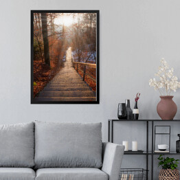 Obraz w ramie Opuszczone schody w lesie jesienią o zachodzie słońca