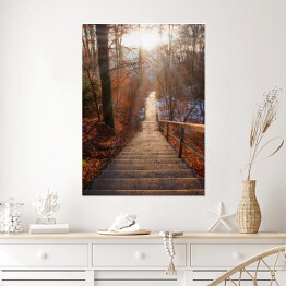 Plakat Opuszczone schody w lesie jesienią o zachodzie słońca