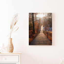 Obraz na płótnie Opuszczone schody w lesie jesienią o zachodzie słońca