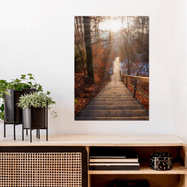 Plakat Opuszczone schody w lesie jesienią o zachodzie słońca