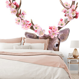 Akwarela - łagodny jeleń z porożem ozdobionym różowymi kwiatami