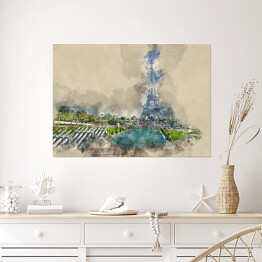 Plakat samoprzylepny Wieża Eiffla w Paryżu - widok z Trocadero - rysunek