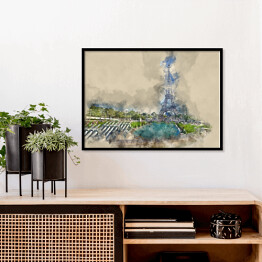 Plakat w ramie Wieża Eiffla w Paryżu - widok z Trocadero - rysunek