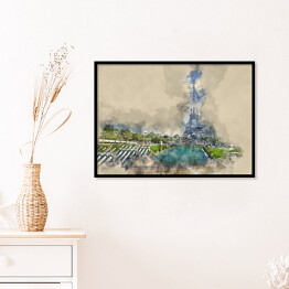 Plakat w ramie Wieża Eiffla w Paryżu - widok z Trocadero - rysunek