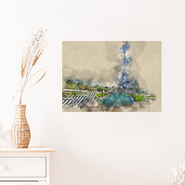 Plakat Wieża Eiffla w Paryżu - widok z Trocadero - rysunek
