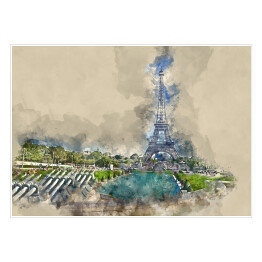 Plakat samoprzylepny Wieża Eiffla w Paryżu - widok z Trocadero - rysunek
