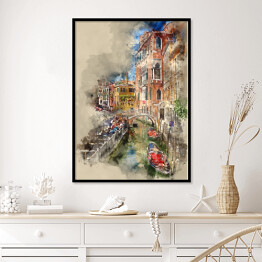 Plakat w ramie Gondola płynąca przez piękne kanały w Wenecji - rysunek