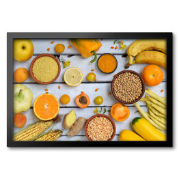 Obraz w ramie Żółte warzywa, fasola i owoce 