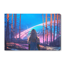 Kobieta stojąca sama w lesie na tle baśniowych planet