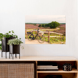 Plakat samoprzylepny Rower z wiklinowym koszem w Parku Narodowym The Veluwe, Holandia