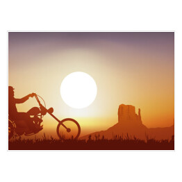 Plakat samoprzylepny Motocyklista na tle zachodu słońca w pomarańczowym i niebieskim odcieniu