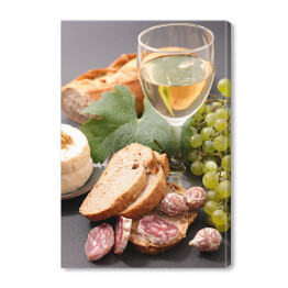 Obraz na płótnie Wino, salami, chleb i ser