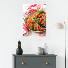 Plakat Pomidor, bakłażan i cukinia w misce