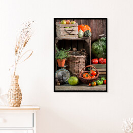 Plakat w ramie Vintage spiżarnia z zebranymi warzywami i owocami