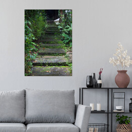 Plakat samoprzylepny Stare schody z mchem wśród drzew