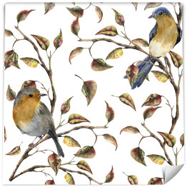 Jesienna ilustracja z ptakami i spadającymi liśćmi