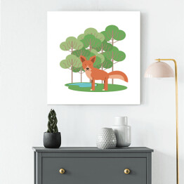 Lis na tle zielonych drzew na zielonej trawie - ilustracja