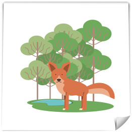 Lis na tle zielonych drzew na zielonej trawie - ilustracja