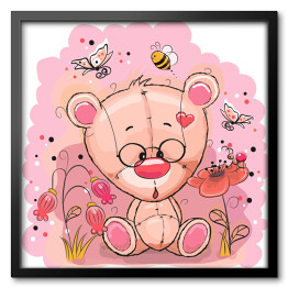 Obraz w ramie Niedźwiedź z kwiatami - różowa ilustracja