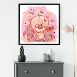 Obraz w ramie Niedźwiedź z kwiatami - różowa ilustracja