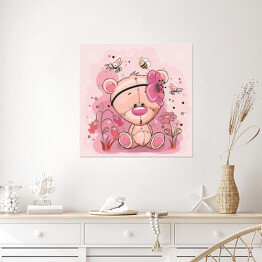 Plakat samoprzylepny Niedźwiedź z kwiatami z opaską - różowa ilustracja