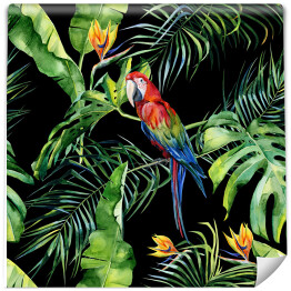 Tapeta winylowa zmywalna w rolce Dżungla. Kolorowa papuga i tropikalne liście