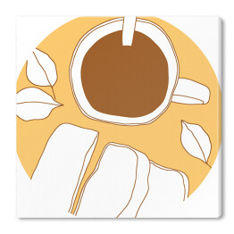 Obraz na płótnie Filiżanka herbaty, liście i krojony chleb z dyni - ilustracja