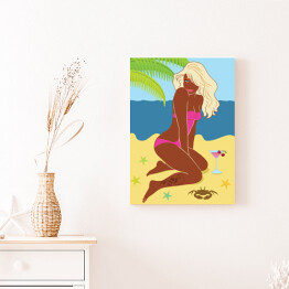 Obraz na płótnie Kobieta siedząca na piasku na plaży - ilustracja