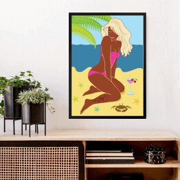 Obraz w ramie Kobieta siedząca na piasku na plaży - ilustracja