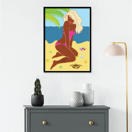 Plakat w ramie Kobieta siedząca na piasku na plaży - ilustracja