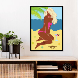 Plakat w ramie Kobieta siedząca na piasku na plaży - ilustracja