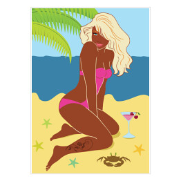 Plakat Kobieta siedząca na piasku na plaży - ilustracja