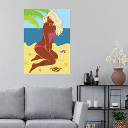 Plakat samoprzylepny Kobieta siedząca na piasku na plaży - ilustracja