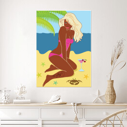 Plakat Kobieta siedząca na piasku na plaży - ilustracja