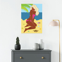 Plakat samoprzylepny Kobieta siedząca na piasku na plaży - ilustracja