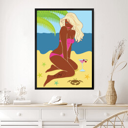 Obraz w ramie Kobieta siedząca na piasku na plaży - ilustracja