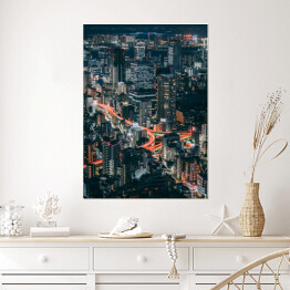 Plakat Piękna linia horyzontu Tokio z pomarańczowymi i błękitnymi światłami 