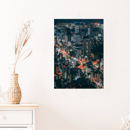 Plakat samoprzylepny Piękna linia horyzontu Tokio z pomarańczowymi i błękitnymi światłami 