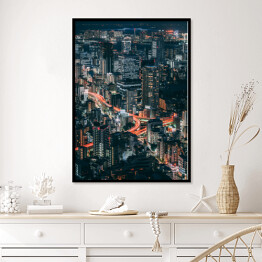 Plakat w ramie Piękna linia horyzontu Tokio z pomarańczowymi i błękitnymi światłami 