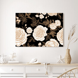 Obraz na płótnie Kwiaty róży ze złotym zarysem liści na czarnym tle
