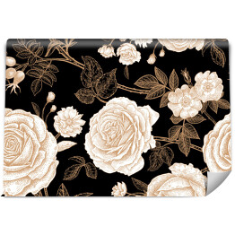 Fototapeta winylowa zmywalna Kwiaty róży ze złotym zarysem liści na czarnym tle