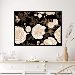 Obraz w ramie Kwiaty róży ze złotym zarysem liści na czarnym tle