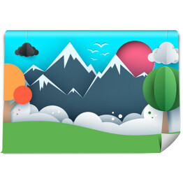 Fototapeta winylowa zmywalna Górski krajobraz z lasem, chmurami i ptakami - wyklejanka