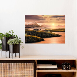 Plakat samoprzylepny Domy na fiordach o zachodzie słońca